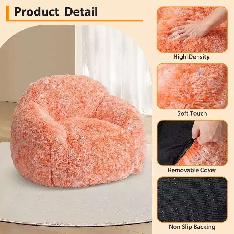Adult Faux Fur Bean Bag Chair with Armrests - High-Density Foam Floor Sofa