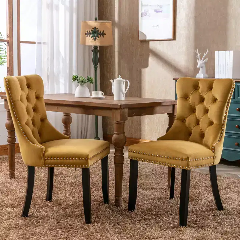 Harrington Collection Modern Tufted Velvet Dining Chairs, Solid Wood Legs with Nailhead Trim, Contemporary Upholstered Side Chair Set of 2, Golden