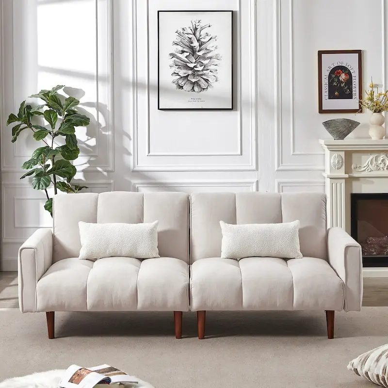 Convertible Futon Sofa Bed, Adjustable Couch Sleeper, Modern Fabric Linen Upholstered Futon Sofa bed with 2 Pillows