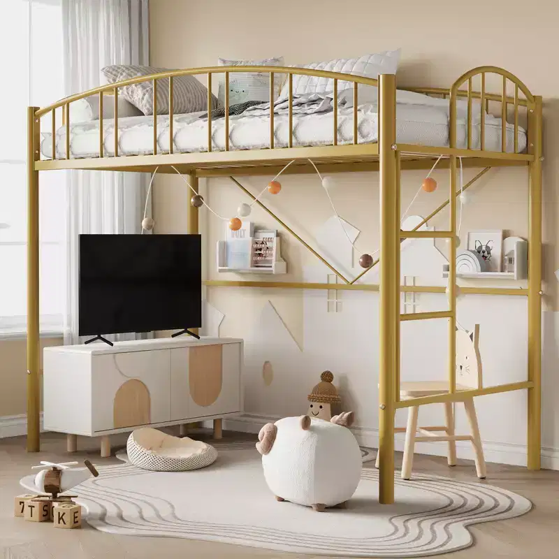 Loft Bed Twin Size with Ladder and High-Arched Guardrail, Sturdy Metal Slats, Space-Saving Design, Easy Assembly, No Box Spring Needed for Kids Gold
