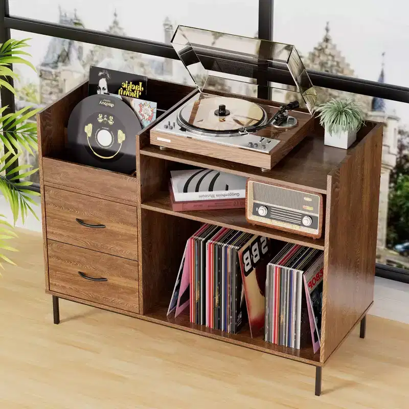 Medieval Modern Style Record Rack with Drawers, Holds 500+ Albums, Wood and Metal Audio Cabinet