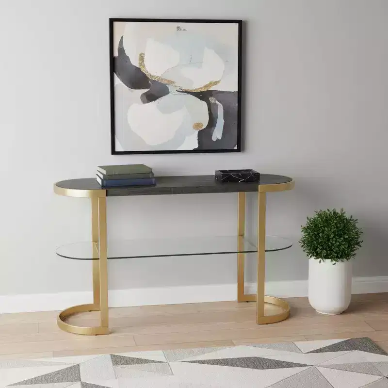 HomeRoots 49 Gray and Gold Solid Wood Oval Sled Console Table With Storage