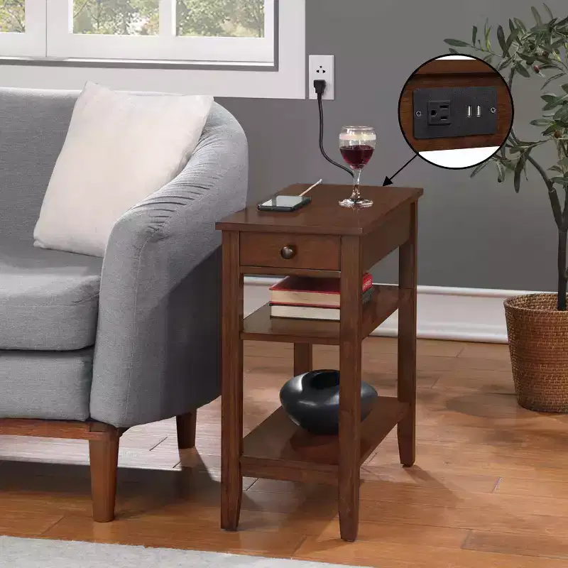 HomeStock Belmont Chairside End Table with Drawer, Built-In Charging Station, USB Ports and Three Shelves, Modern Side Table for Home Storage