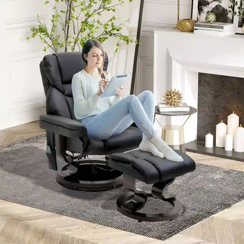 Black Faux Leather 360 Swivel Manual Recliner Set with Ottoman, 10 Vibration Massage Points, Side Pocket