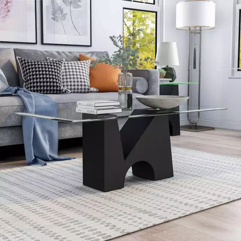 HOMES: Inside + Out Riverpoint Modern Rectangle Coffee Table Clear/Black: Steel Frame, Tempered Glass Top, Beveled Edges