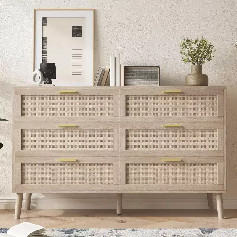 Garvee Natural Rattan Dresser with Golden Handles  Farmhouse Wood Storage Chest with 5 Strong Legs for Living Room, Bedroom & Entryway, Oak