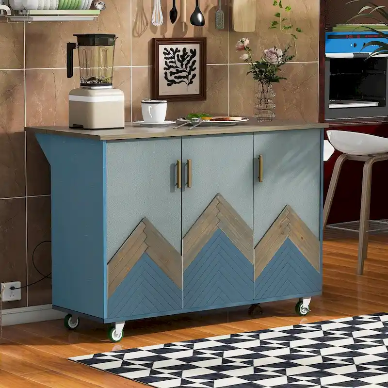 47 Retro Wood Kitchen Island with Drop Leaf, Farmhouse Style on Wheels, Internal Storage