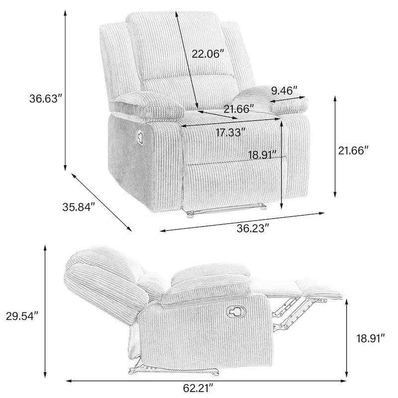 2Set Modern Lounger Upholstered Push Back Manual Recliner Chair