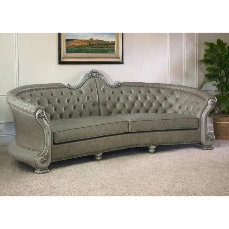 HomeRoots 113 Bone Faux Leather Sofa And Toss Pillows With White Legs - 113