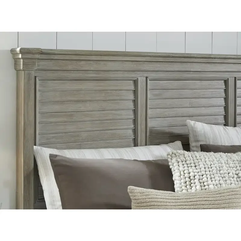 Queen Panel Bed, Glazed Bisque Wire-Brushed Finish, Louvered Headboard, Wood & Veneer, Traditional Style