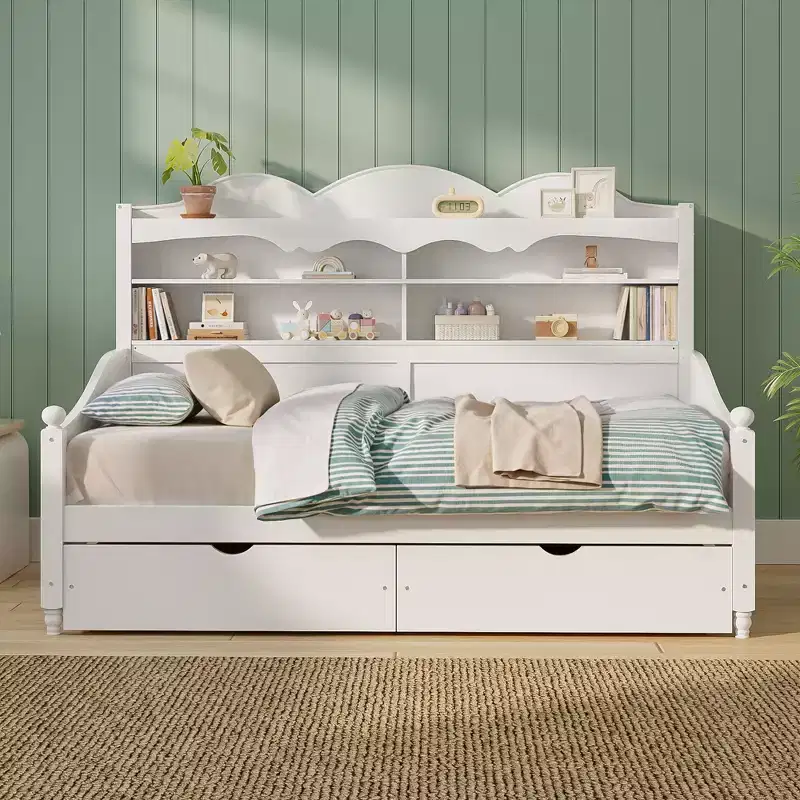 Twin Daybed with Storage Drawers and Headboard Shelves, Wooden Day Bed Frame, White
