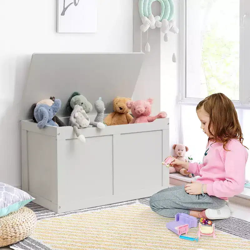 Kids Wooden Toy Box Storage Chest with Flip-Top Lid & Safety Hinge, 28