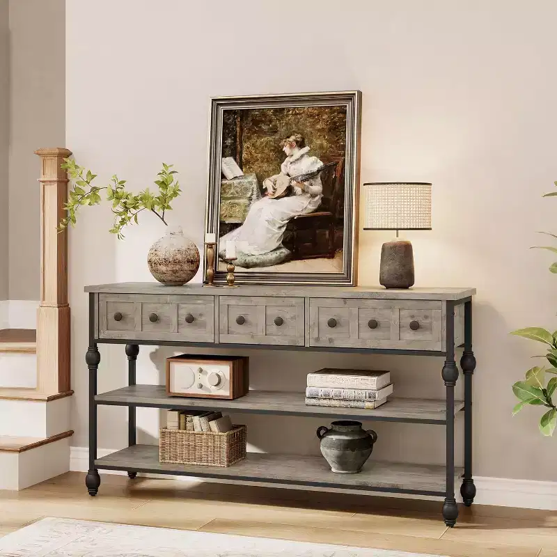 Industrial Console Table with 3 Drawers, 3-Tier Entryway and Sofa Table, Metal Frame Behind Couch Table, Hallway Storage Table