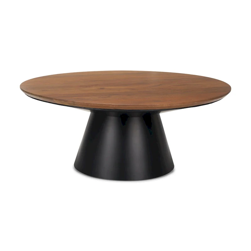Round Coffee Table with Solid Wood Top and Cast Iron Base