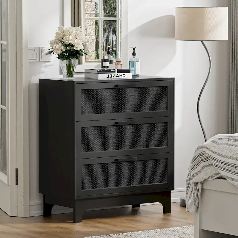 Black 3-Drawer Rattan Dresser – Modern Chest of Drawers for Bedroom