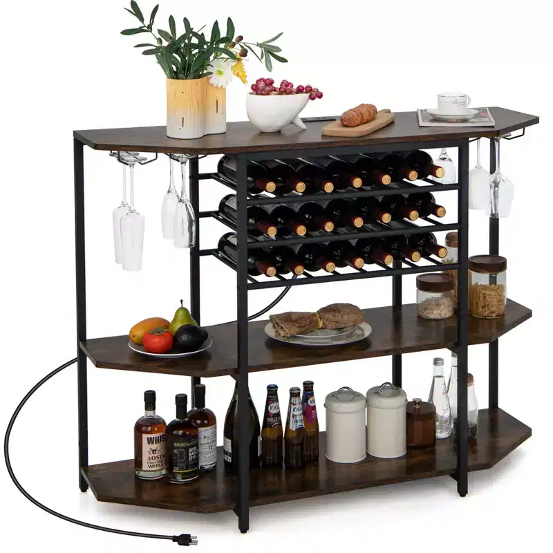 3 Tier Bar Cabinet with Storage Shelves Glass Holders Bottle Racks
