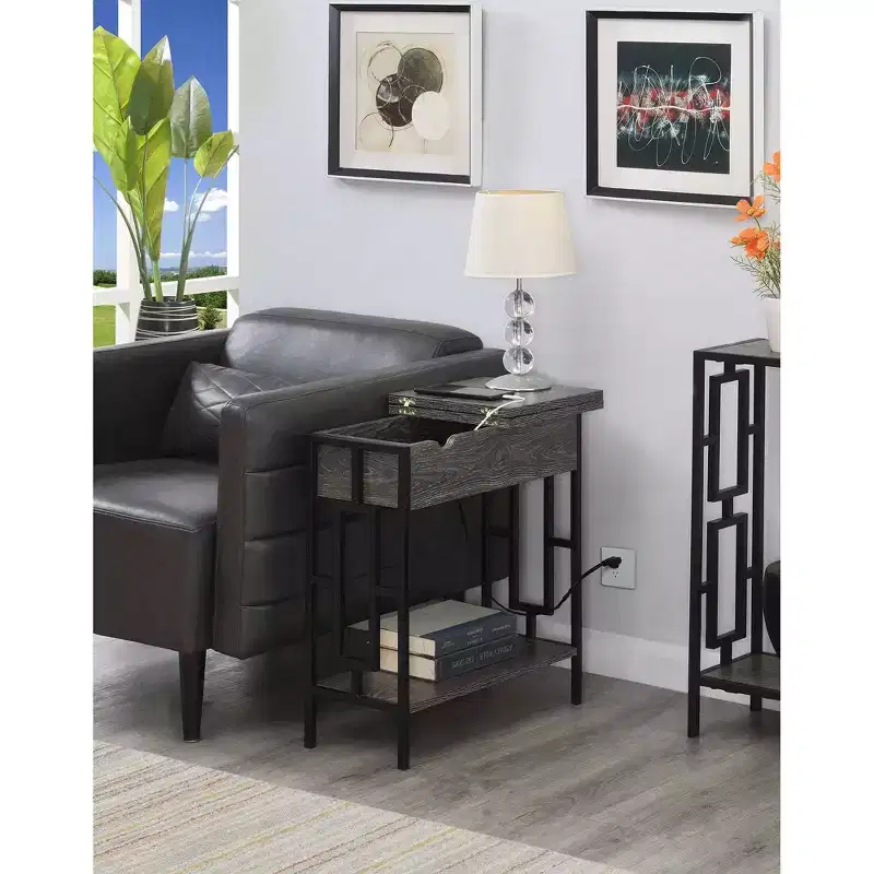 Flip Top End Table with Charging Station & Shelf - Weathered Gray/Black