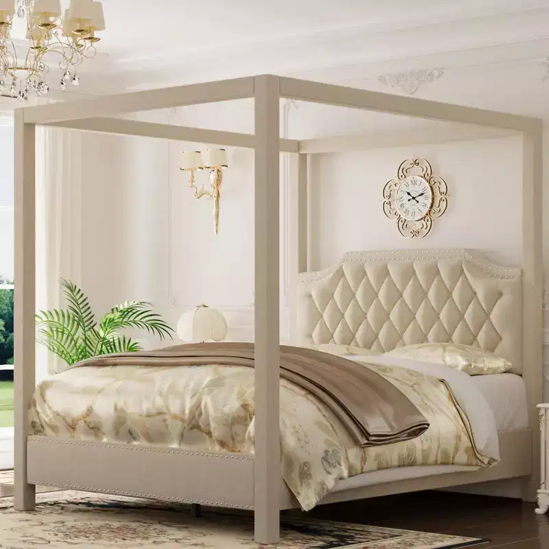 Queen Size Canopy Bed Frame with Nailhead Decoration HeadboardUpholstered Bed Frame with Poles 4 Corner Bed Bracket,Solid Wood Slats Support