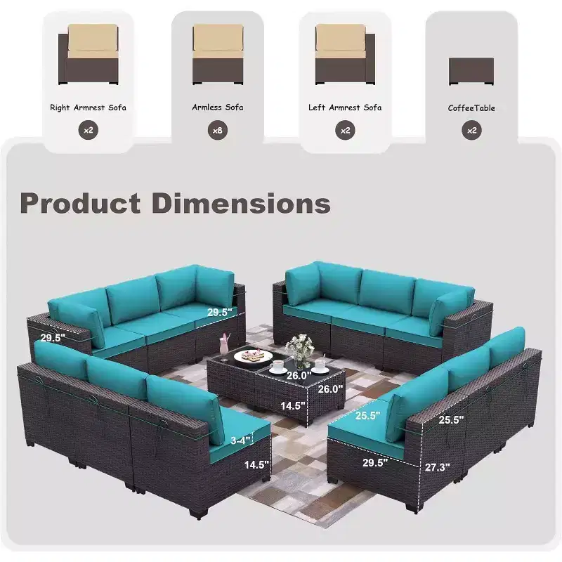 ALAULM 14 Pieces Patio Furniture Set, Rattan Wicker Outdoor Conversation Sets, Outdoor Furniture Sofa Set