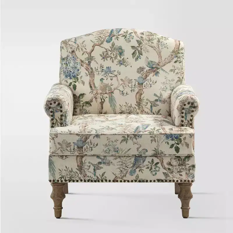 Yahweh Transitional Wooden Upholstered Floral Pattern Design Armchair with Panel Arms and Camelback| ART OF LIVING DESIGNS