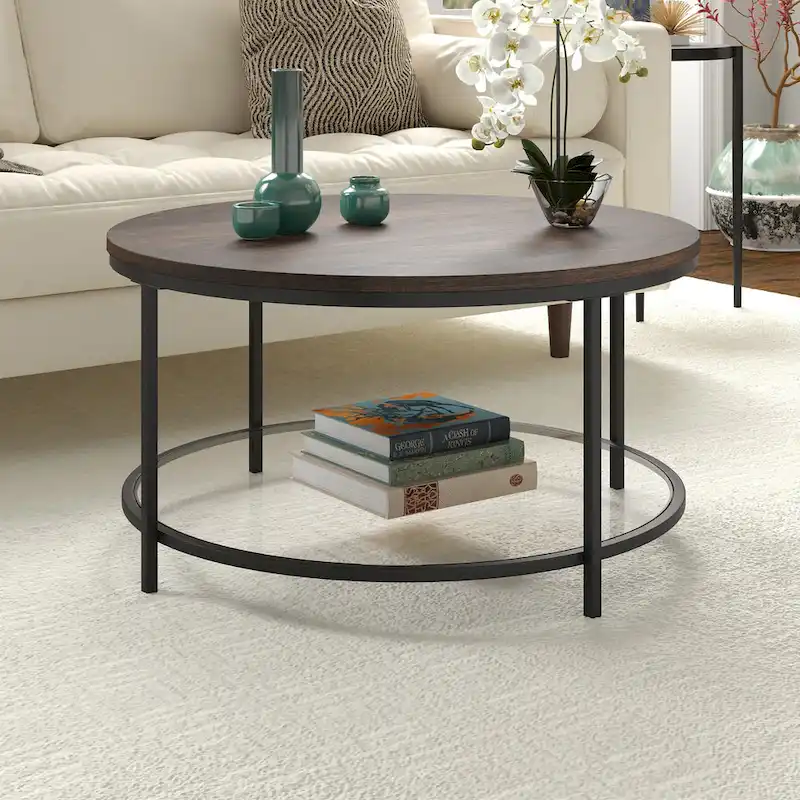 Sevilla 32 Wide Round Coffee Table with MDF Top and Glass Shelf - 32 Wide