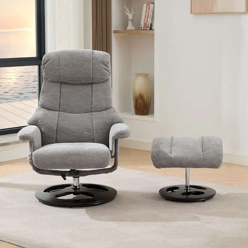 Heated Massage Armchair Chenille Fabric Seating Swivel Recliner Chair with Ottoman, Adjustable Backrest and Remote