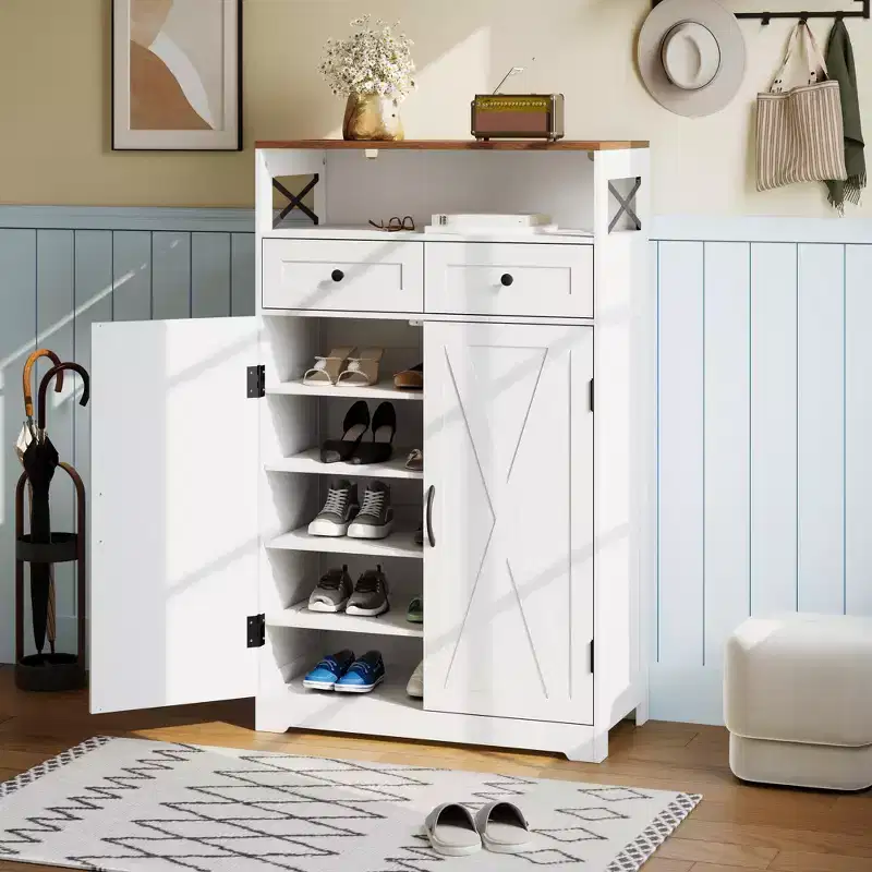 Modern Farmhouse Shoe Storage Cabinet, Adjustable Shelves, Freestanding Entryway Organizer, for Living Room, Bedroom