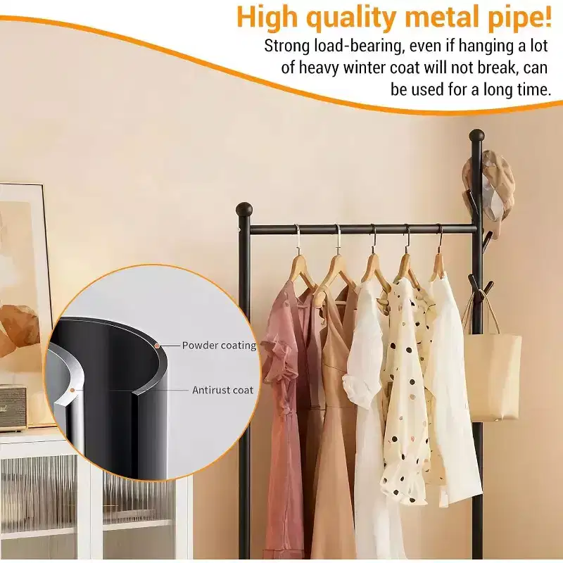 Metal Clothes Rack with Wheels, Freestanding Heavy-Duty Garment Rail, Bottom Storage Shelf & Hooks, Rolling Wardrobe Organizer for Bedroom, Closet