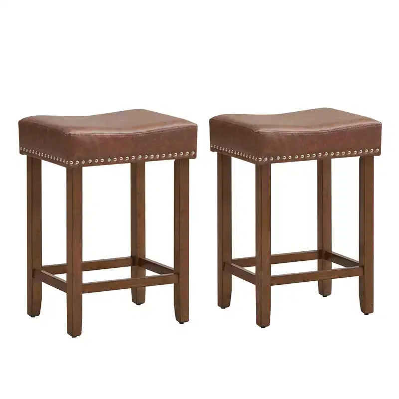 Costway 24 Upholstered Bar Stools Set of 2 with Footrests Rubberwood Frame Saddle-shaped Brown/Gray