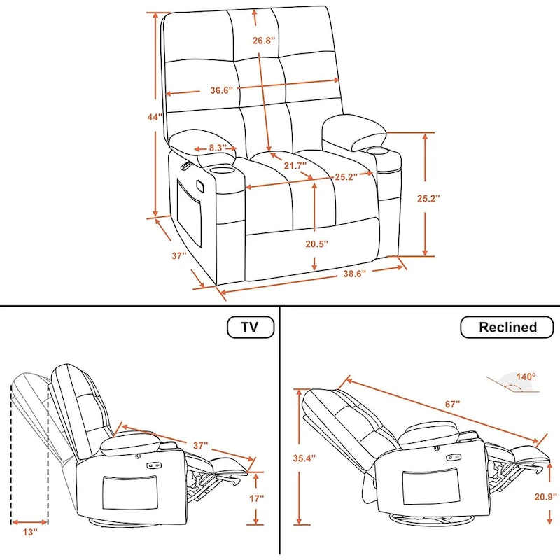 MCombo Large Power Swivel Glider Rocker Recliner Chair with Massage and Heat, Faux Leather 7748