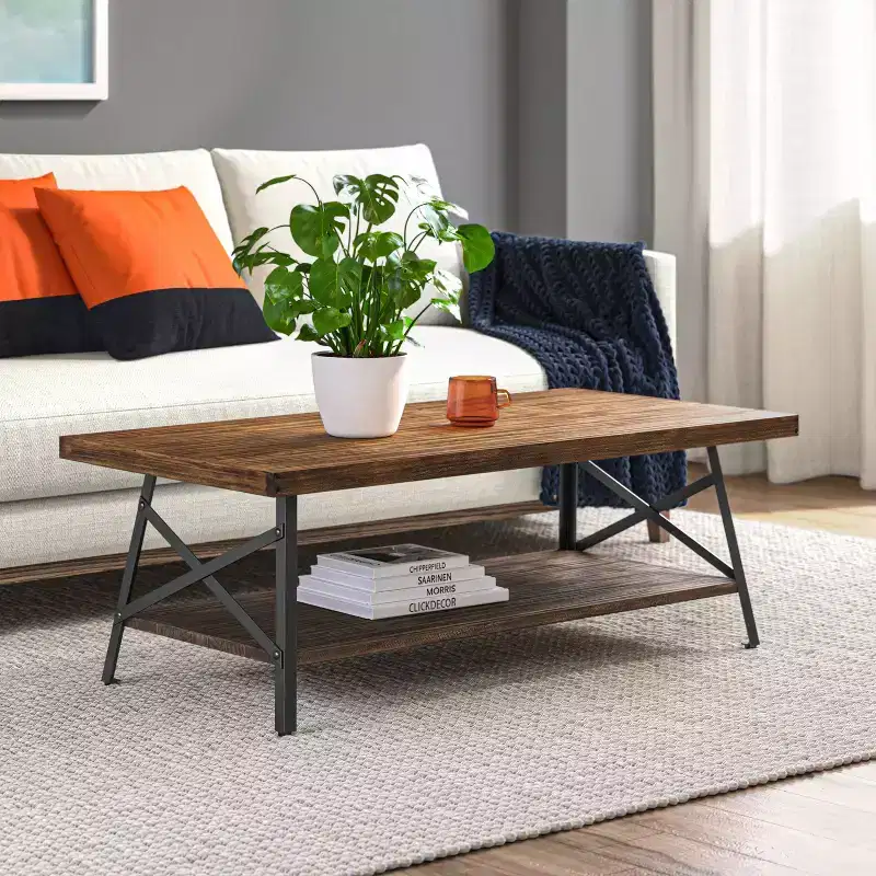 Ezra Solid Wood and Metal Coffee Table: Sturdy Black Frame, 2-Tier Design - ClickDecor