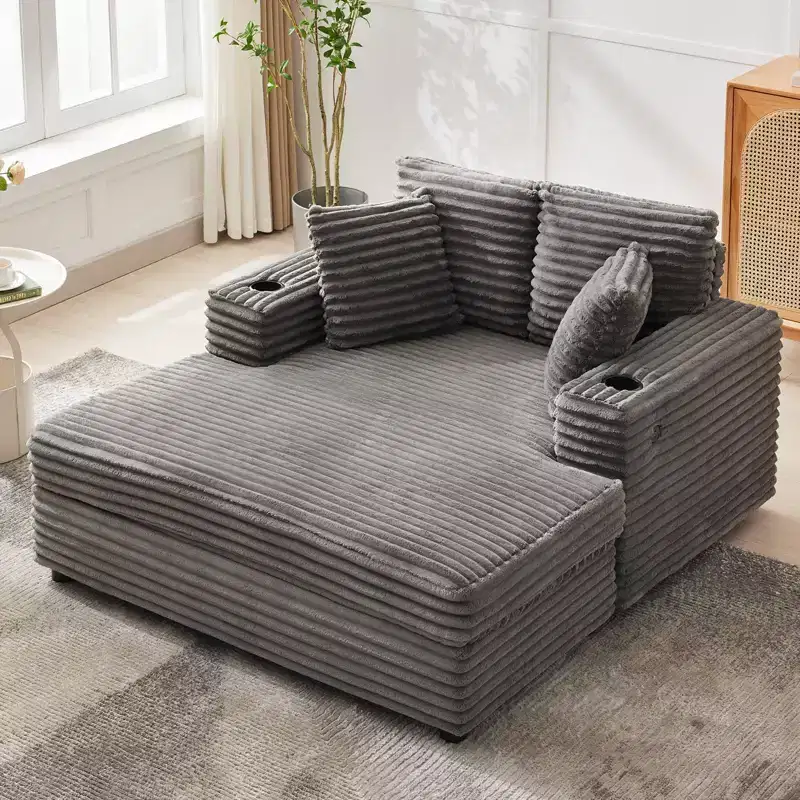Oversized Chaise Lounge Chair Indoor, Comfy Corduroy Lounge Sofa with Charging Station, Cup Holders & Throw Pillows, Cozy Sleeper Couch