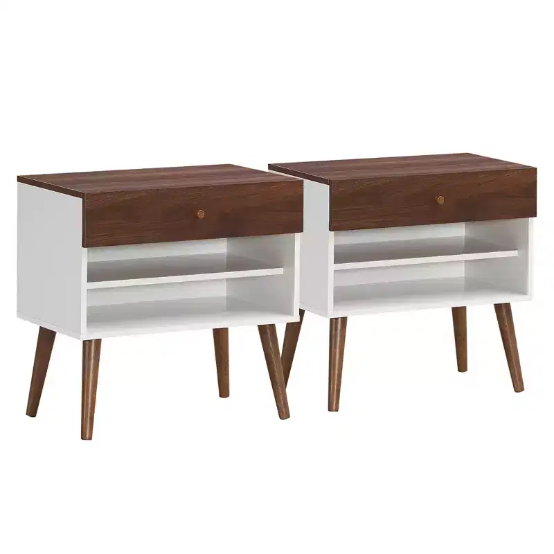 2PCS Nightstand End Side Table Drawer Storage Shelf Mid-Century Rubber Wood Leg