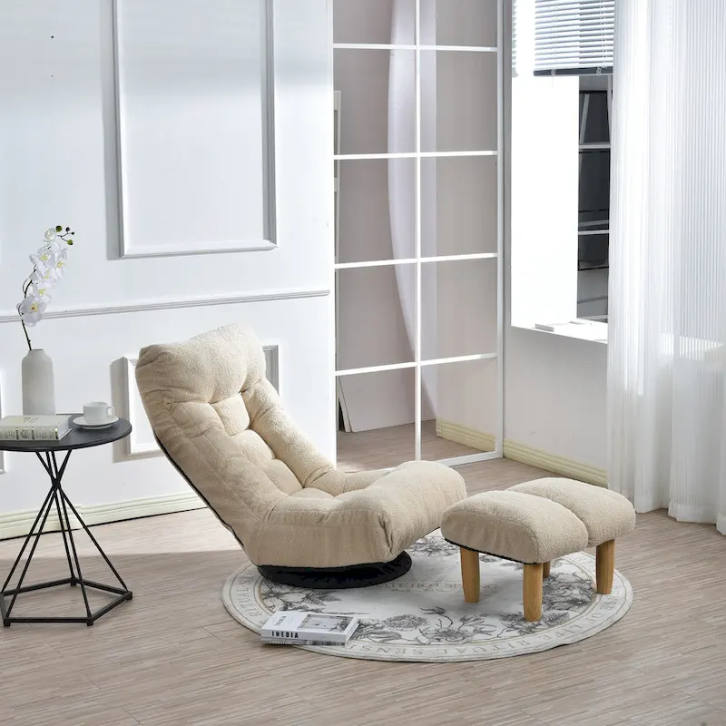 Beige Boucle Upholstered 360 Swivel Armless Manual Leisure Recliner Set with Ottoman, Adjustable Headrest and Backrest