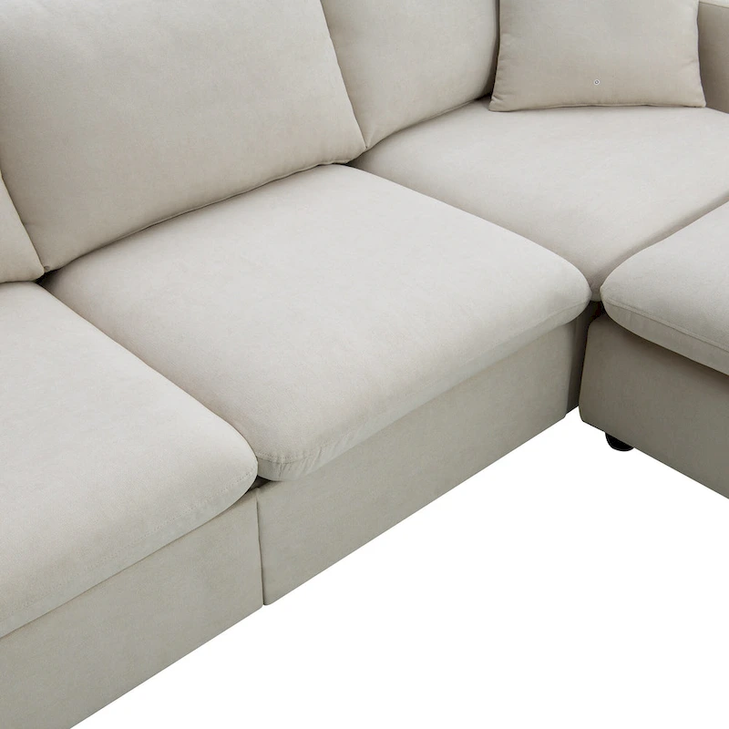 L-shaped Polyester Fabric Couch Set with 2 Free Pillows and Convertible Ottoman