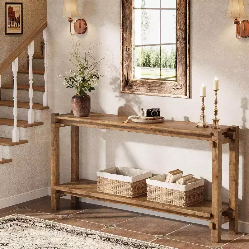 63-Inch Solid Wood Console Table, 2-Tier Farmhouse Entryway Table for Living Room, Entrance, Behind Sofa