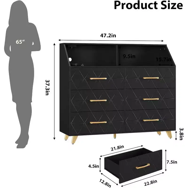 Zstar Modern 6 Drawer Dresser with LED Lights for Closet, TV Stand, Living Room, Entryway