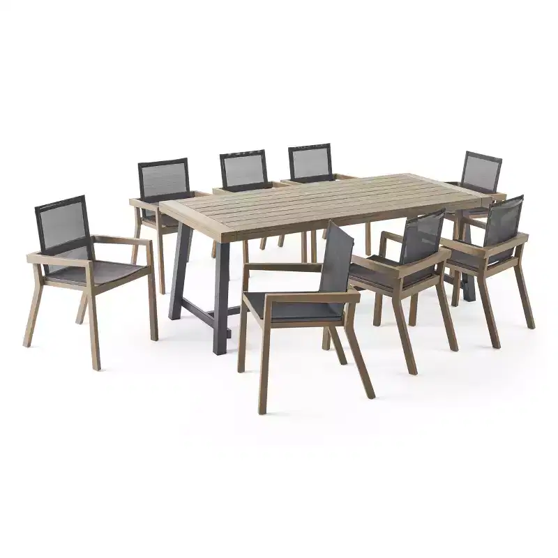 Christopher Knight Home Claude Outdoor Mesh and Acacia Wood 9 Piece Dining Set with 79 Dining Table