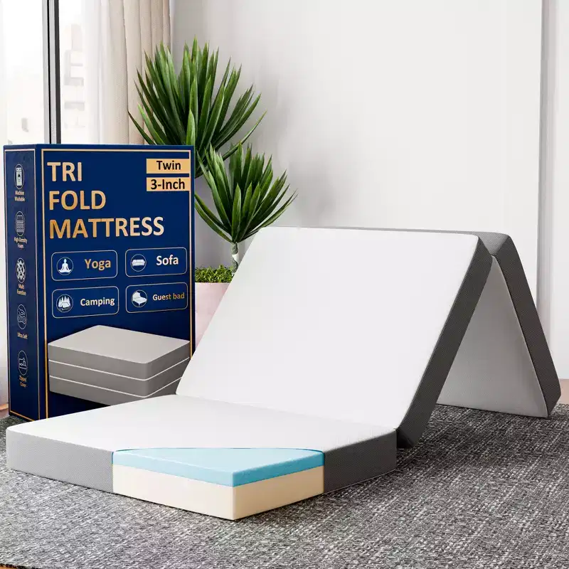Continental Sleep 3-Inch Portable Tri Folding Gel Memory Foam Mattress | Breathable Mesh Sides with Ultra Soft, Removable and Washable Cover