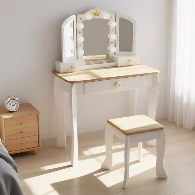Freniland - Princess Vanity Table for Toddlers with Light-Up Mirror & Stool,Wooden Makeup Table with Storage Drawers