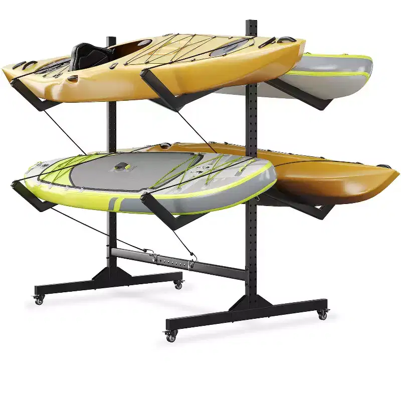 Heavy-Duty Freestanding Kayak Storage Rack Adjustable Steel Holder, Movable Wheels, Hanging Straps Multi-Kayak Stand S Type