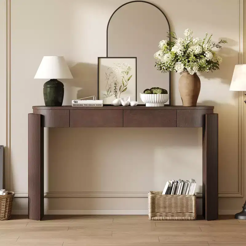 Console Table with Natural Wood Grain Finish, Fluted Design, Oval Top and 2 Drawers, Espresso