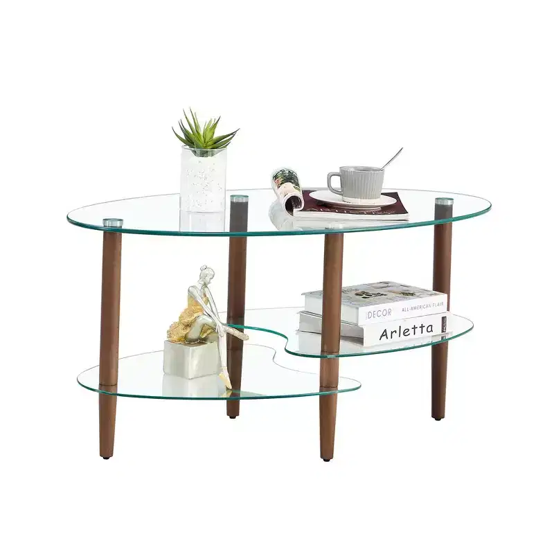 Glass Coffee Table, Side Tables Living Room With Oak Table Legs, 3-Tier Layered Glass Structure, Smooth Edges Modern Oval Side Center Tables