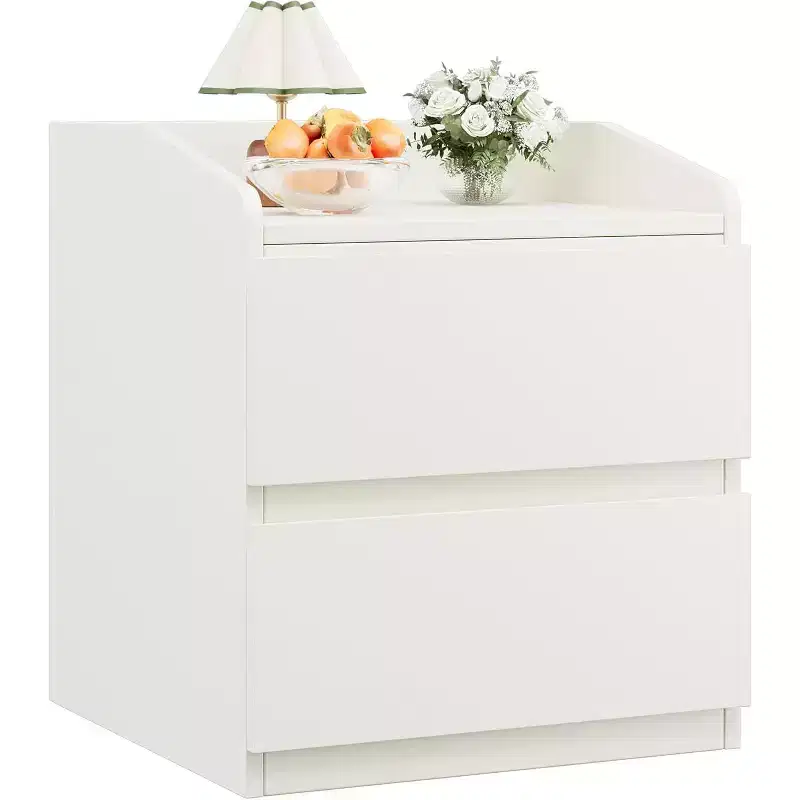 Modern White Nightstand with 2 Drawers, Curved & Handle-Free Design for Living Room or Bedroom