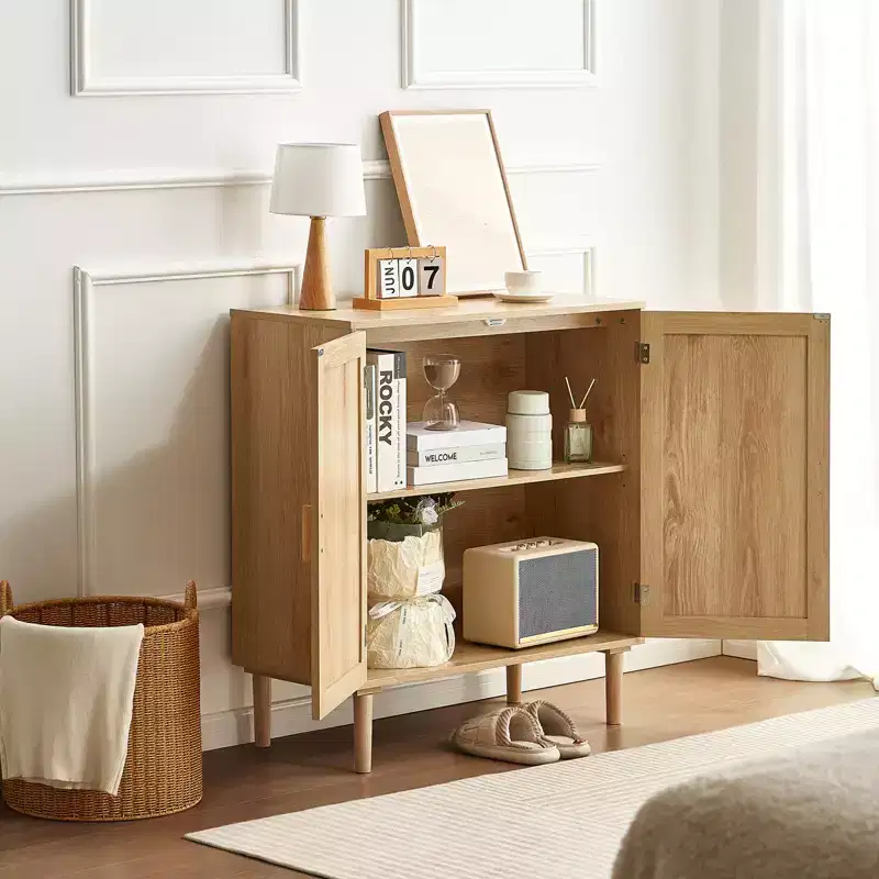 Rattan Cabinet, Rattan Storage Cabinet with 2 Magnetic Doors and Adjustable Shelves, Sideboard Buffet Cabinet for Hallway, Entryway, Natural