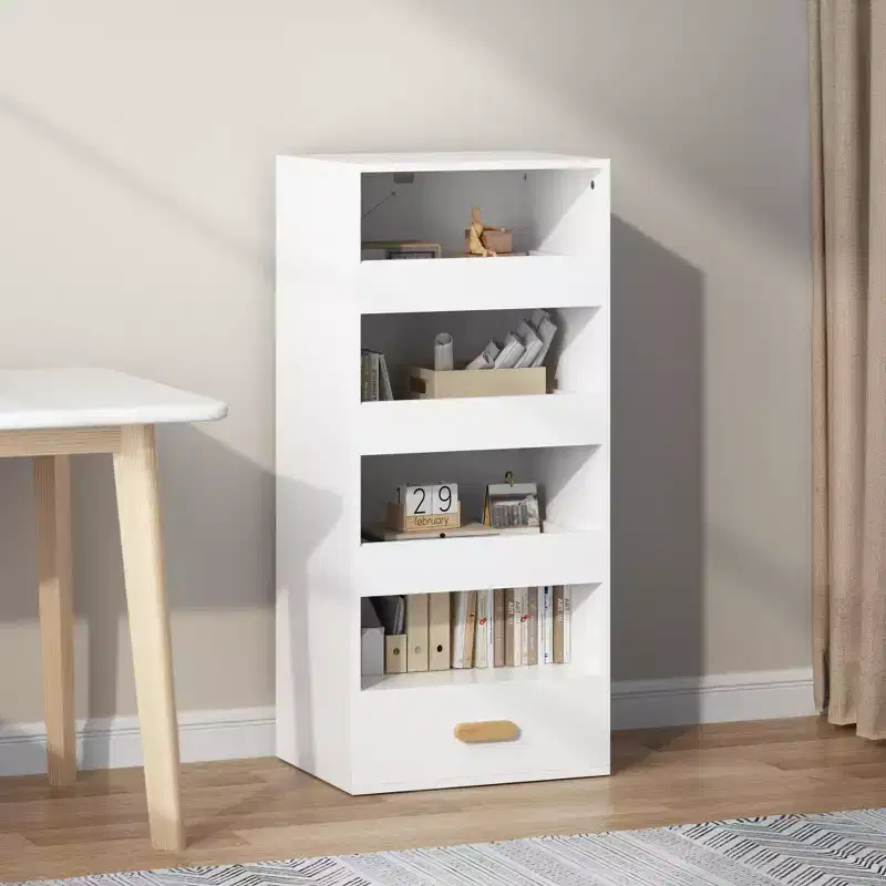 4-Tier Freestanding Bookshelf with 3 Sliding Drawers and 1 Bottom Drawer, Tall Storage Cabinet for Bedroom, Living Room or Office