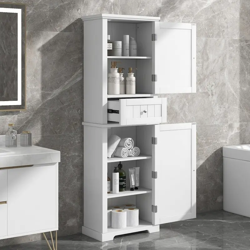 Freestanding Storage Cabinet with Drawer and Adjustable Shelf