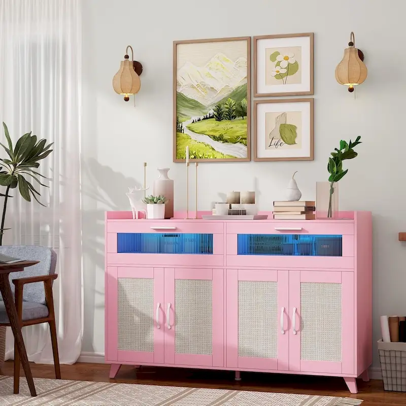 Sideboard Buffet Cabinet with LED Light & Power Outlet Storage Cabinet Coffee Bar Table