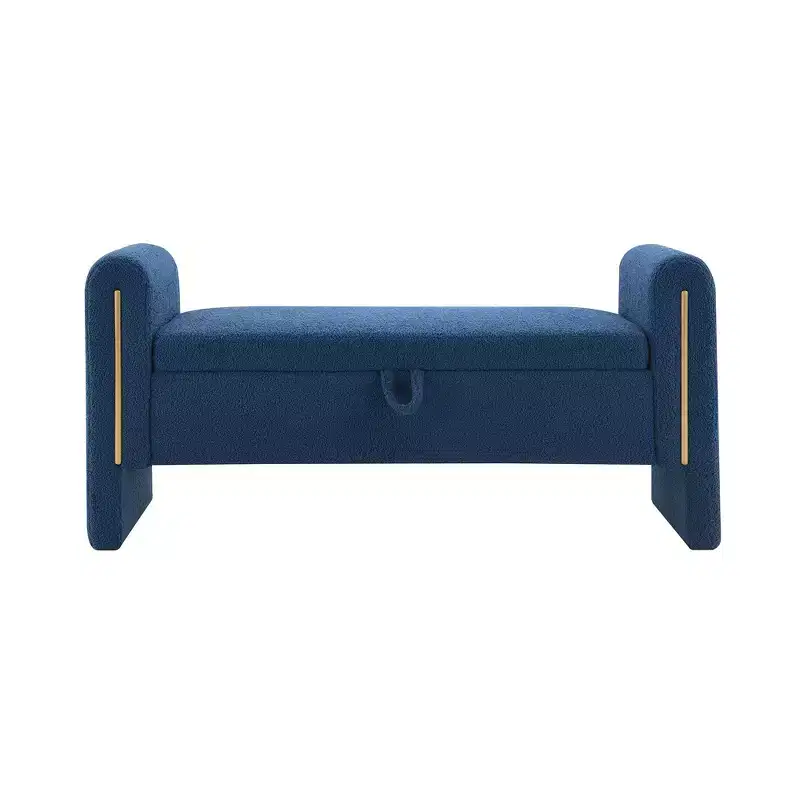 Modern Bed End Bench with Arms and Storage, Upholstered Large Foot Rest Stool, Comfy Window Vanity Bench for Living Room, Navy Blue