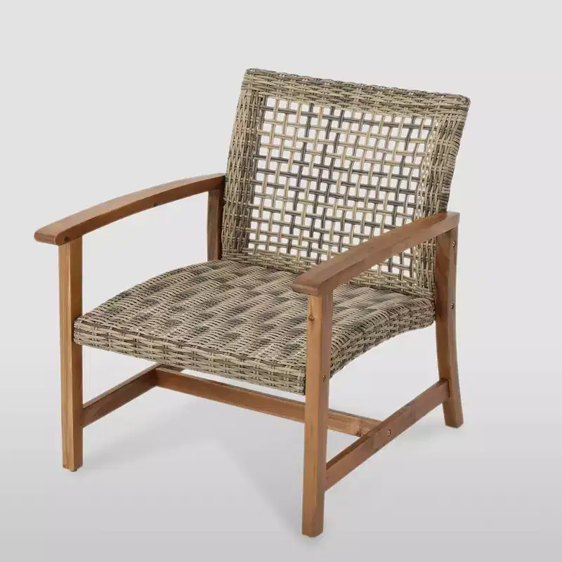 Hampton 4pk Wicker Mid-Century Club Chairs: Acacia Wood & Iron Frame - Christopher Knight Home